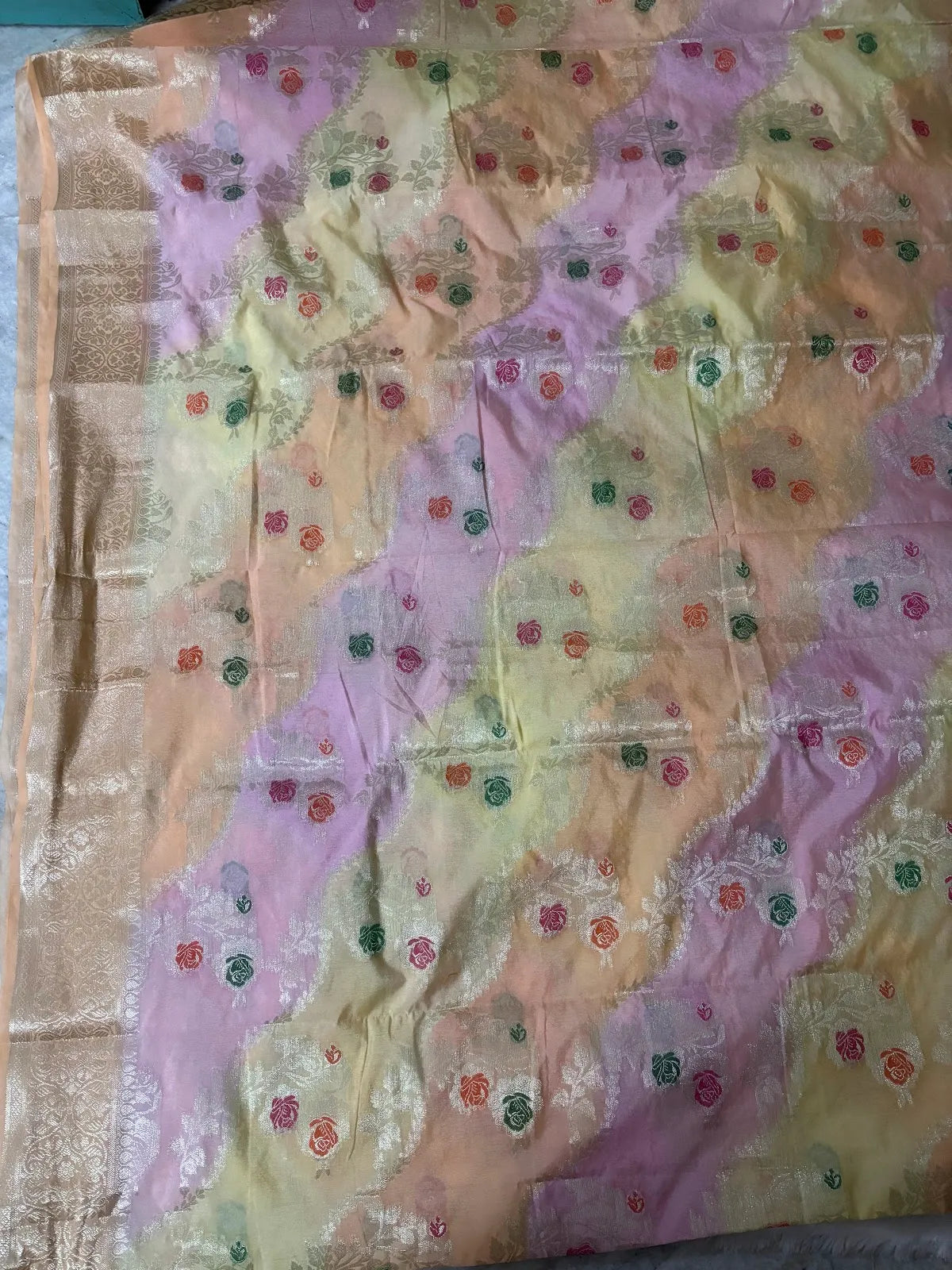 Hand Painted Yellow Cream and Light pink Soft Organza Partywear Saree For Women
