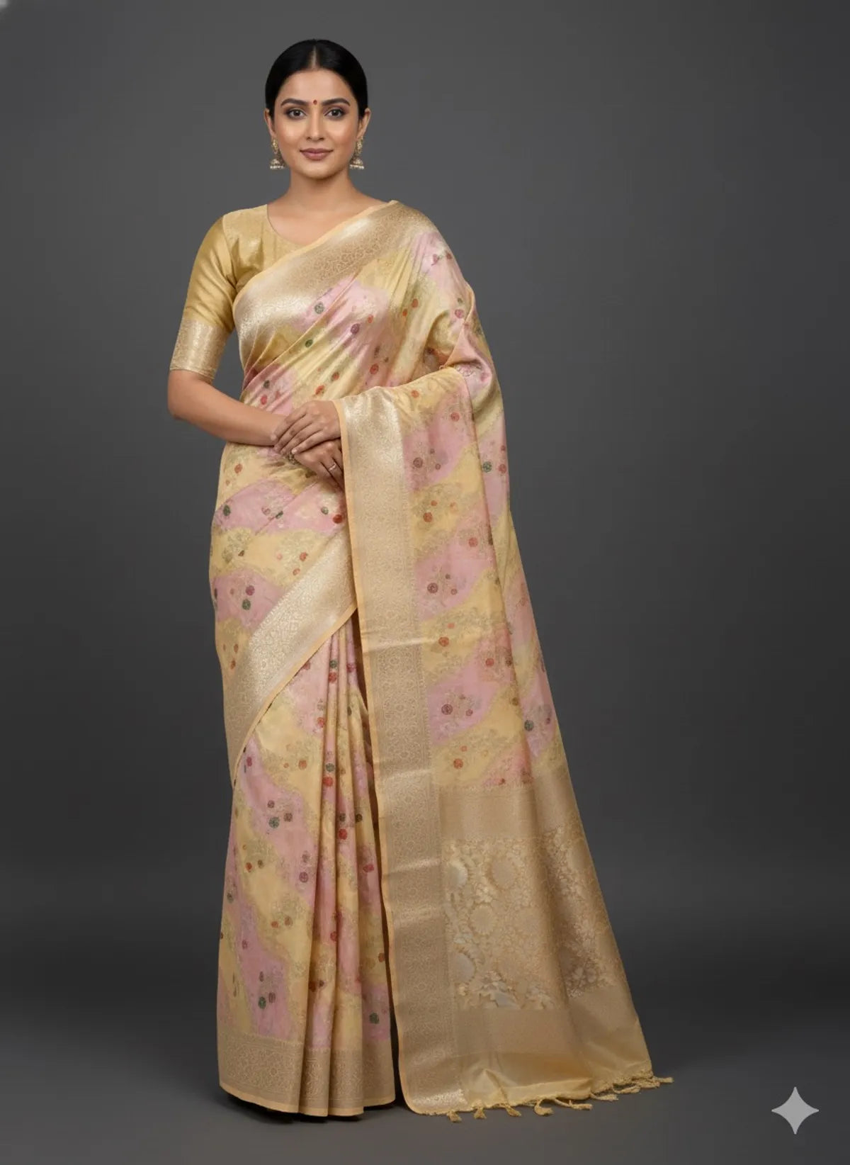 Hand Painted Yellow Cream and Light pink Soft Organza Partywear Saree For Women