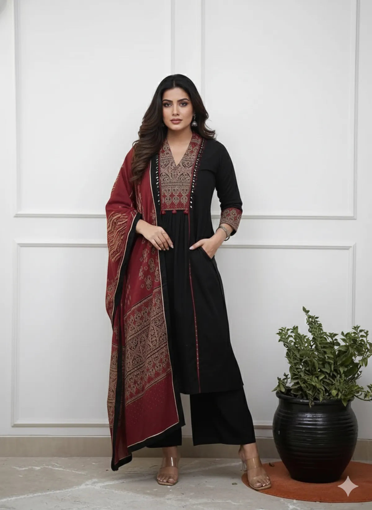 RED/BLACK SOFT COTTON 3PC FOR WOMEN