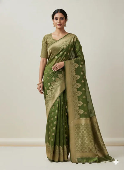 Green PV Soft Organza Partywear Saree For Women