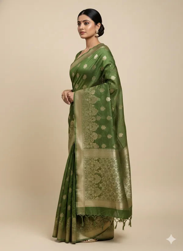 Green PV Soft Organza Partywear Saree For Women