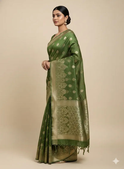 Green PV Soft Organza Partywear Saree For Women