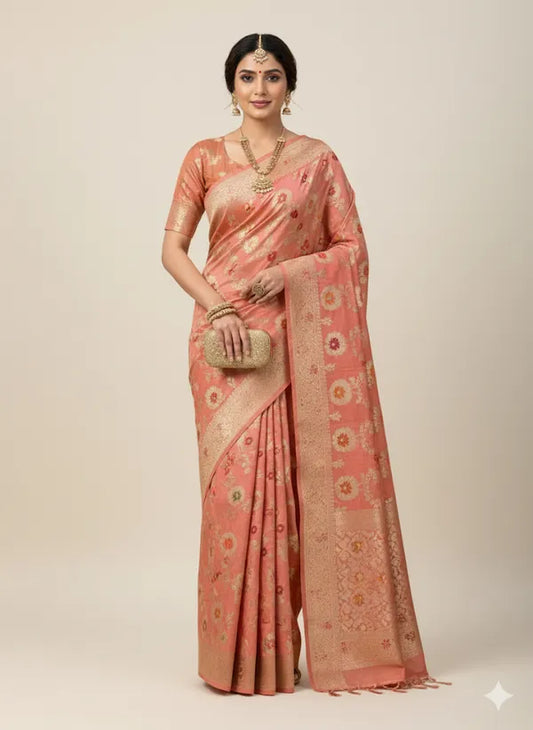 Light Pink Soft Organza Partywear Saree For Women