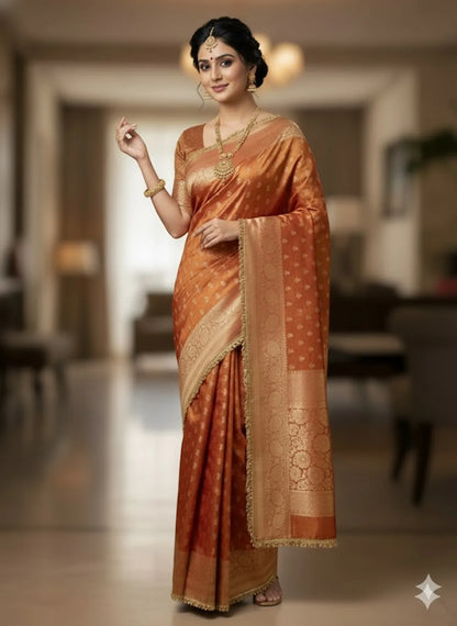 Mettalic Orange Banarsi Soft Tissue Silk Partywear Saree For Women