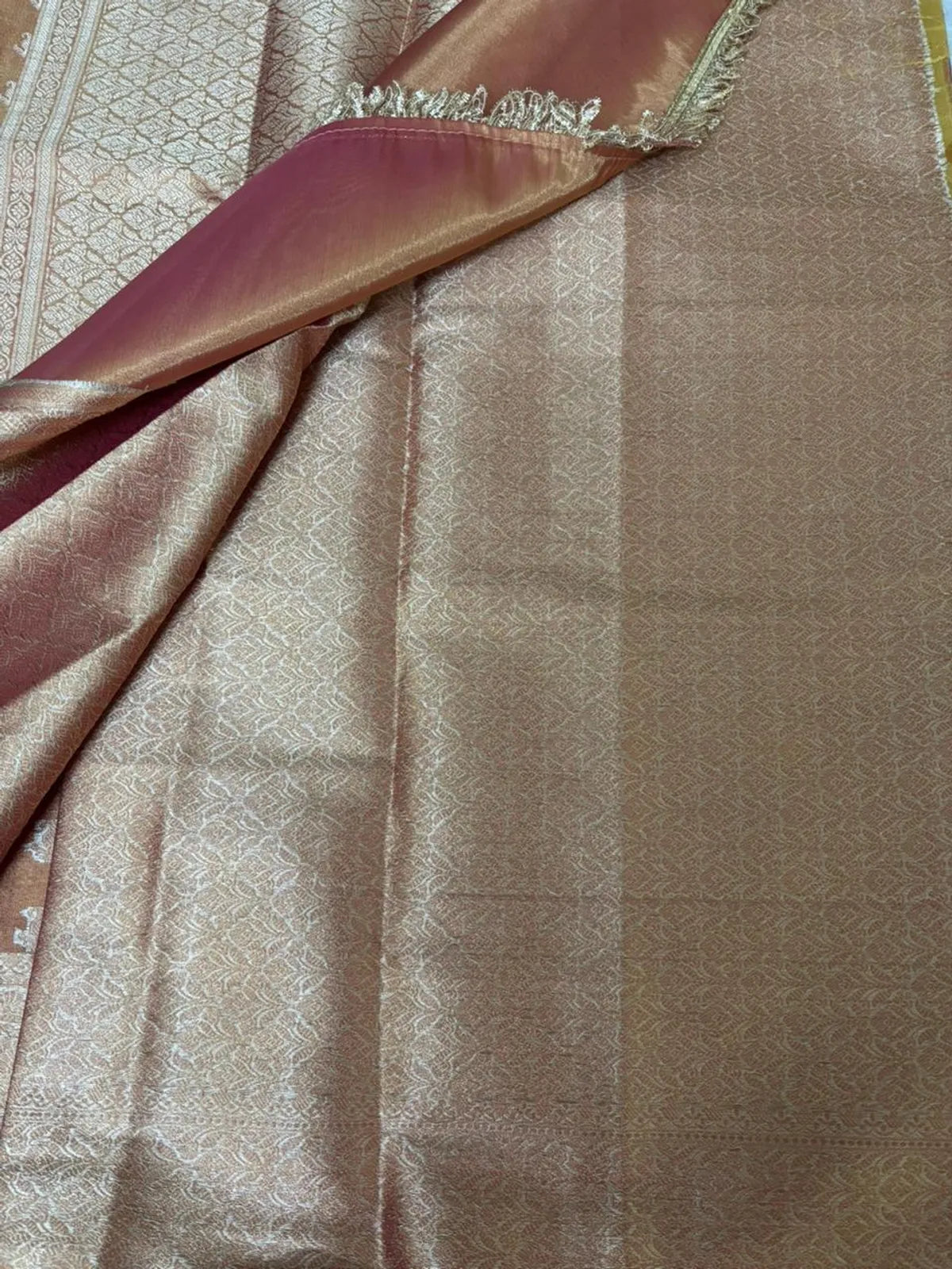 Mettalic Orange Banarsi Soft Tissue Silk Partywear Saree For Women