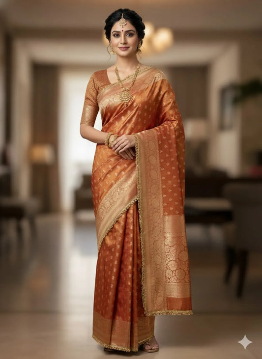 Mettalic Orange Banarsi Soft Tissue Silk Partywear Saree For Women