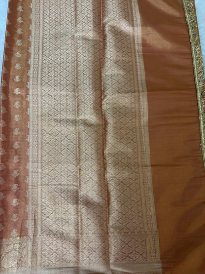 Mettalic Orange Banarsi Soft Tissue Silk Partywear Saree For Women