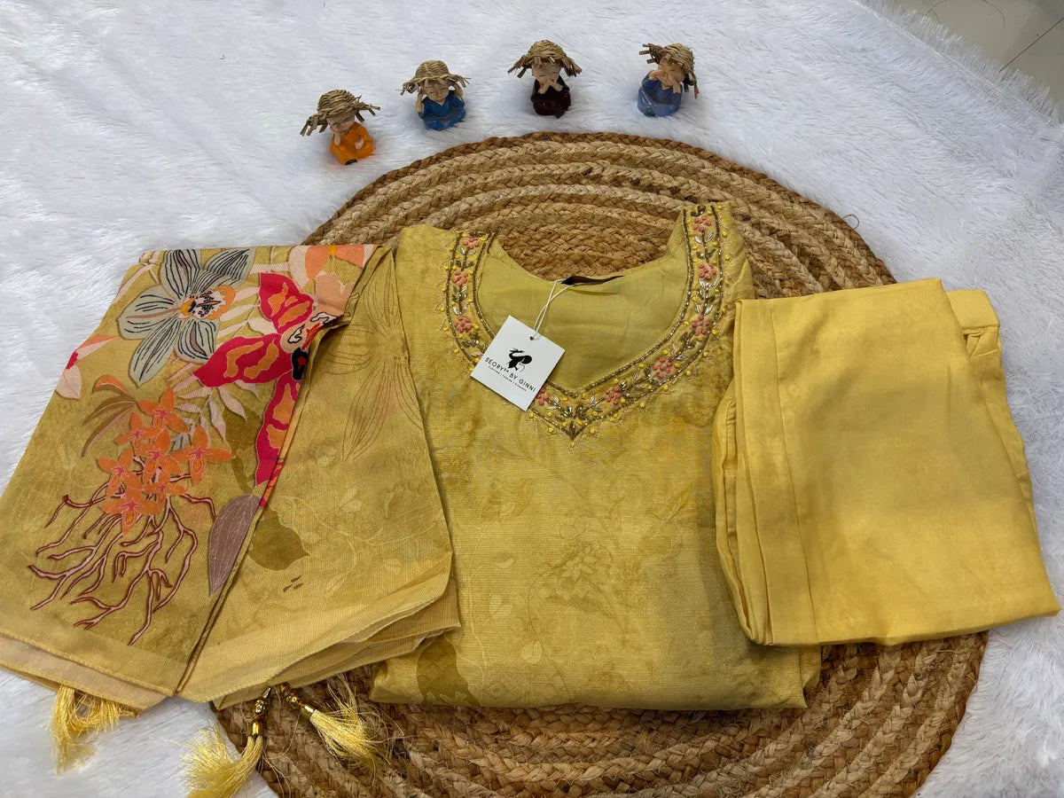 Yellow Rich Cotton-Silk Partywear Suit Set For Women