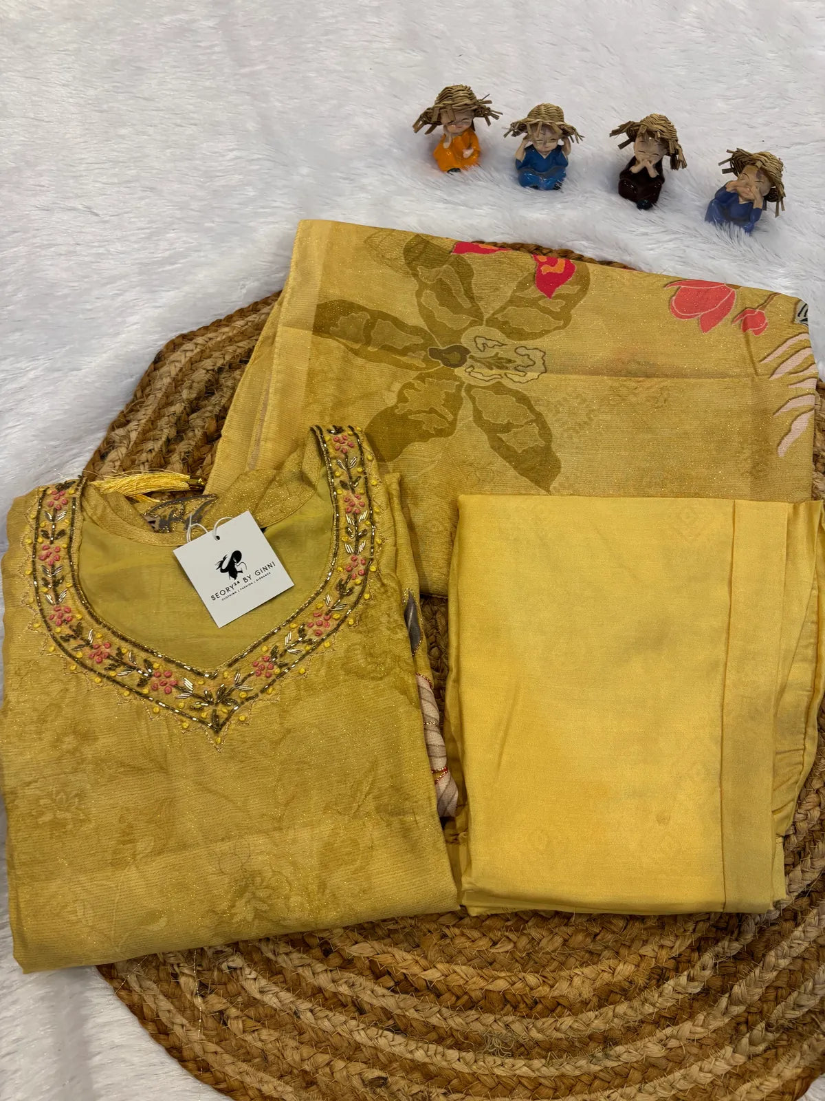 Yellow Rich Cotton-Silk Partywear Suit Set For Women