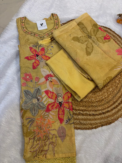 Yellow Rich Cotton-Silk Partywear Suit Set For Women