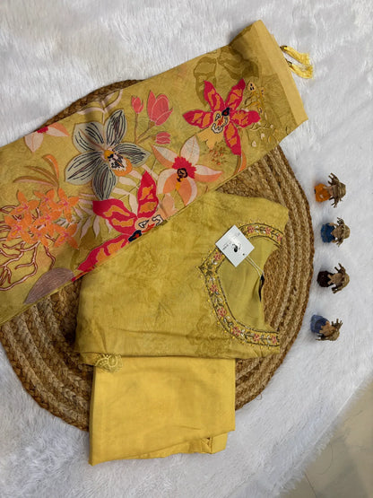 Yellow Rich Cotton-Silk Partywear Suit Set For Women