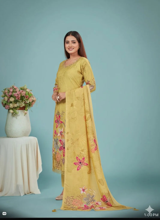 Yellow Rich Cotton-Silk Partywear Suit Set For Women