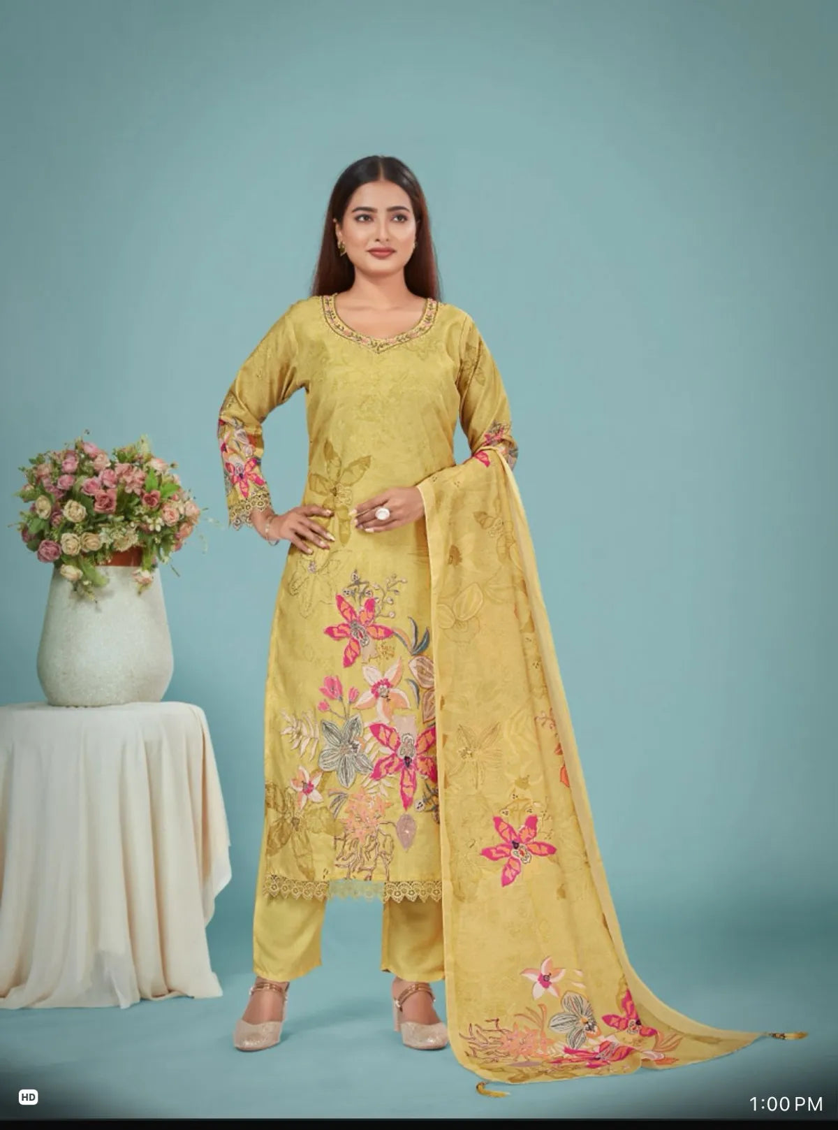 Yellow Rich Cotton-Silk Partywear Suit Set For Women