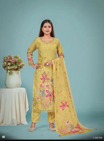 Yellow Rich Cotton-Silk Partywear Suit Set For Women
