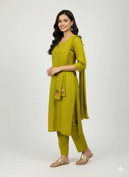 Green Cotton Partywear Suit Set For Women