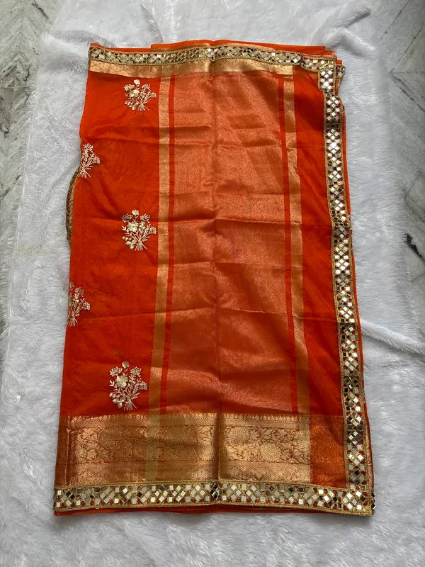 Orange Soft Organza Partywear Saree For Women