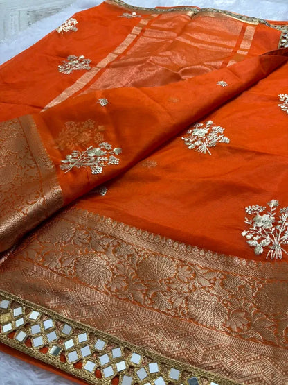 Orange Soft Organza Partywear Saree For Women