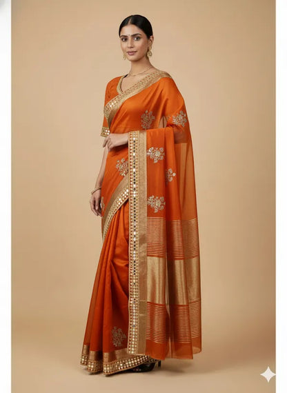 Orange Soft Organza Partywear Saree For Women