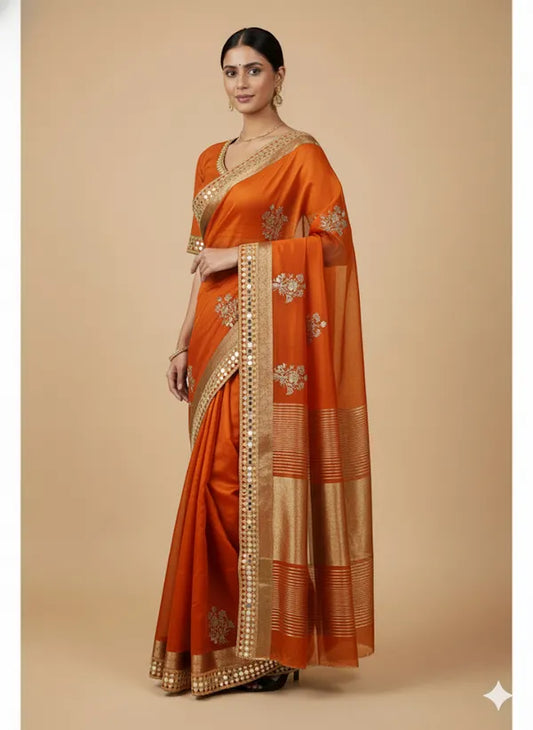 Orange Soft Organza Partywear Saree For Women