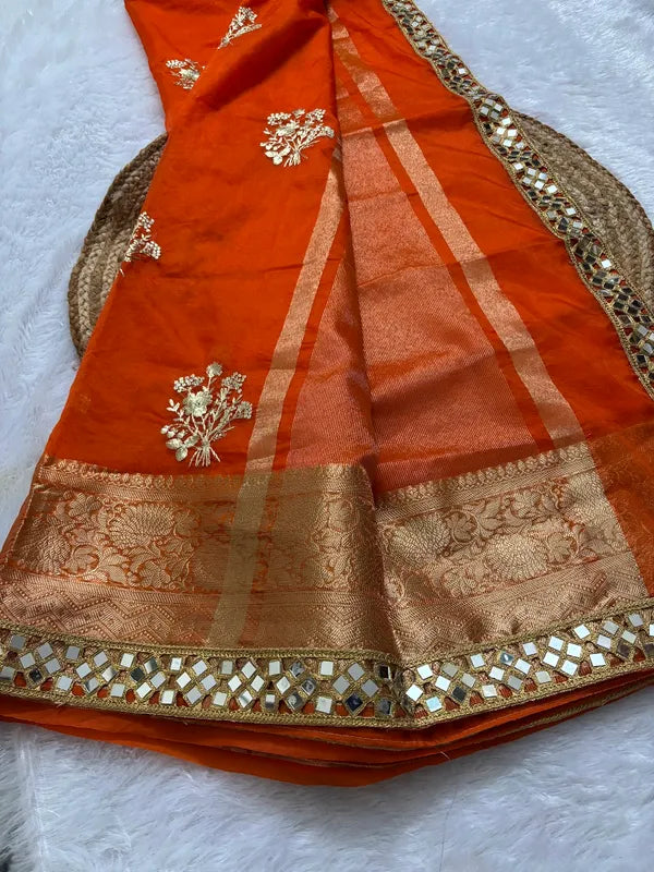 Orange Soft Organza Partywear Saree For Women
