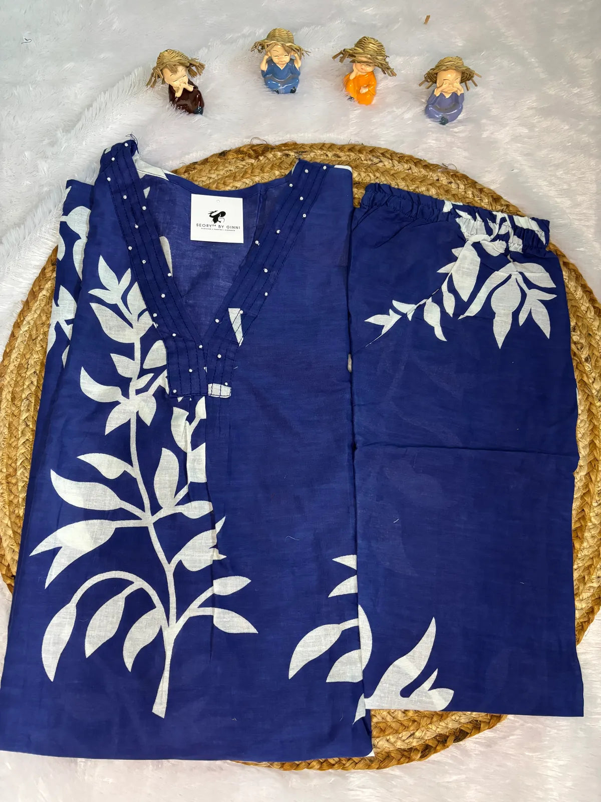 Navy Blue Cotton Partywear 2pc Suit Set For Women