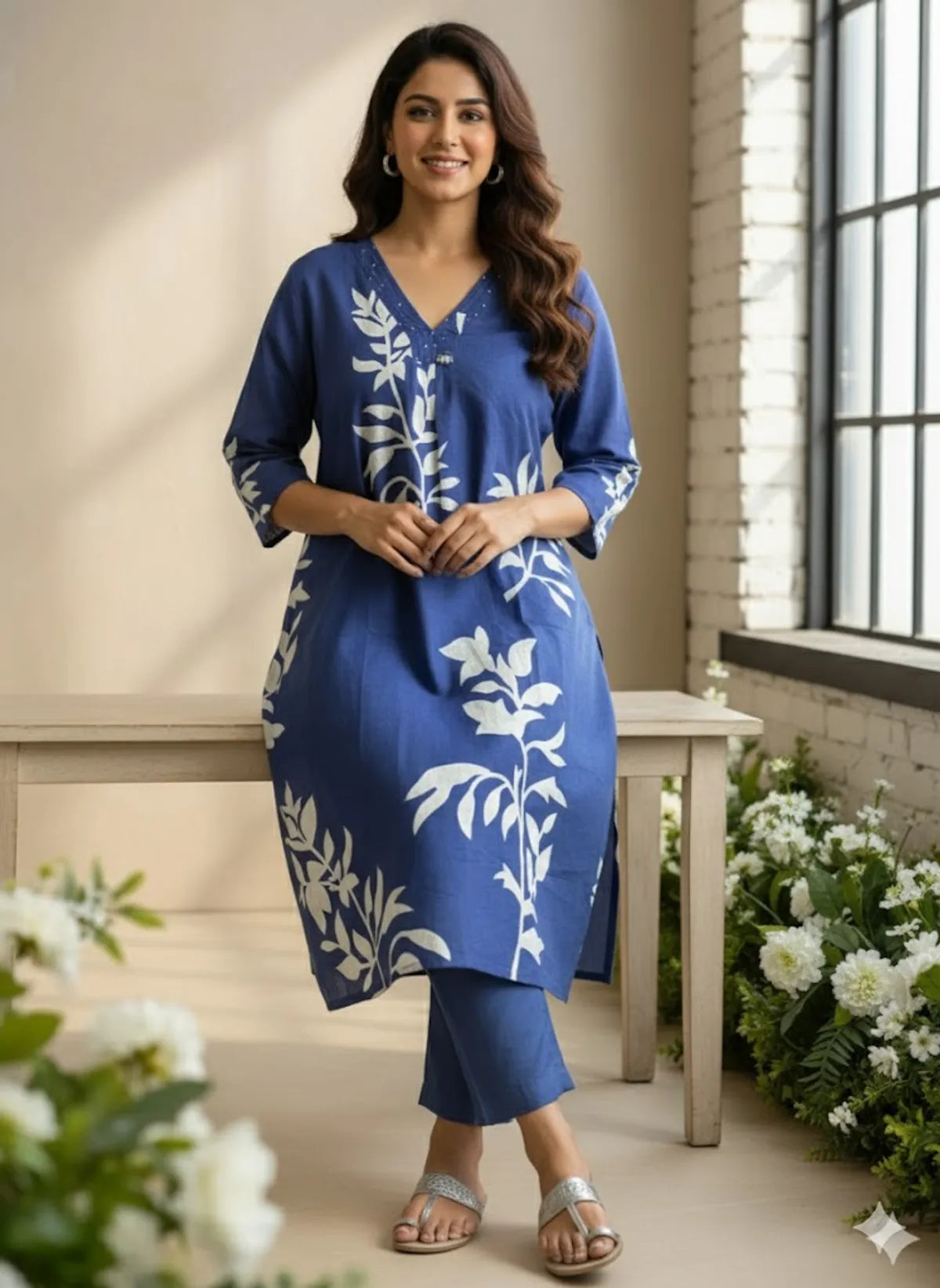 Navy Blue Cotton Partywear 2pc Suit Set For Women
