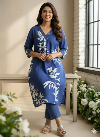 Navy Blue Cotton Partywear 2pc Suit Set For Women