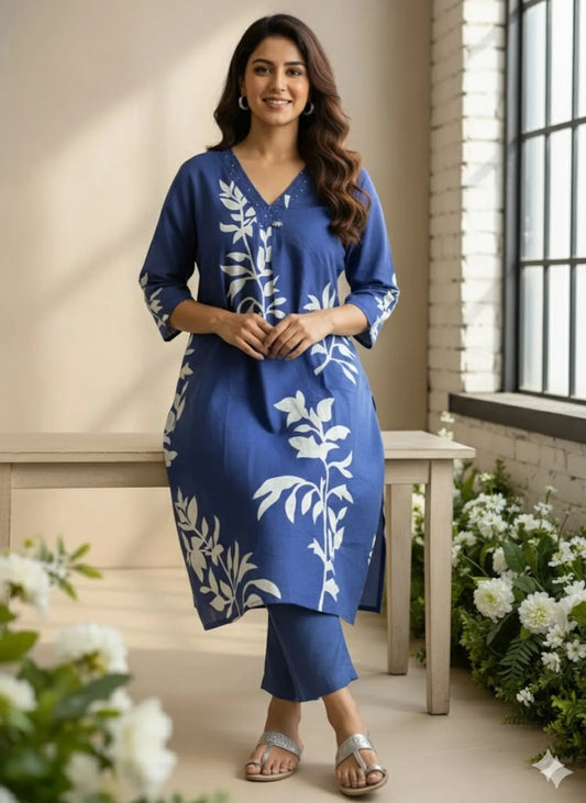 Navy Blue Cotton Partywear 2pc Suit Set For Women