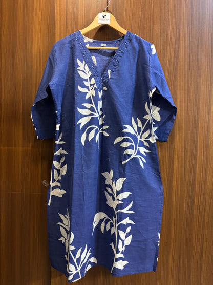 Navy Blue Cotton Partywear 2pc Suit Set For Women