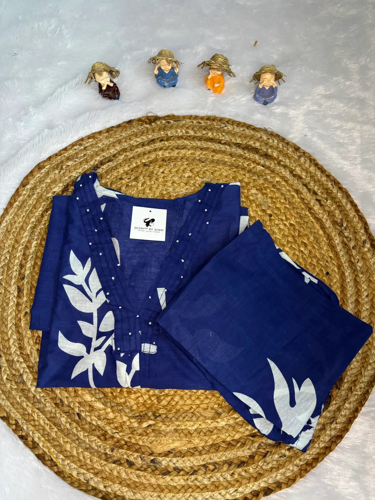 Navy Blue Cotton Partywear 2pc Suit Set For Women