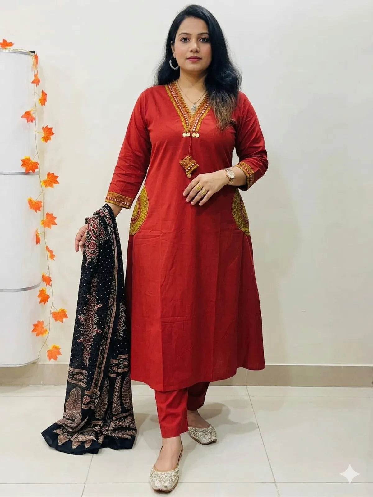 RED BLACK SOFT COTTON 3PC FOR WOMEN