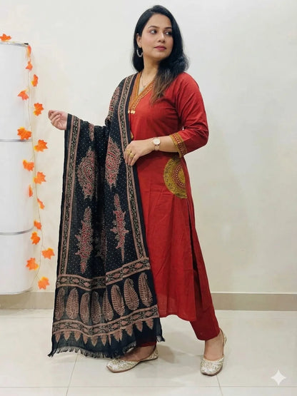 RED BLACK SOFT COTTON 3PC FOR WOMEN