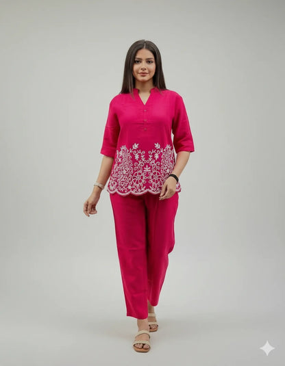 Rani Pink Cotton Kurta Pant Set For Women