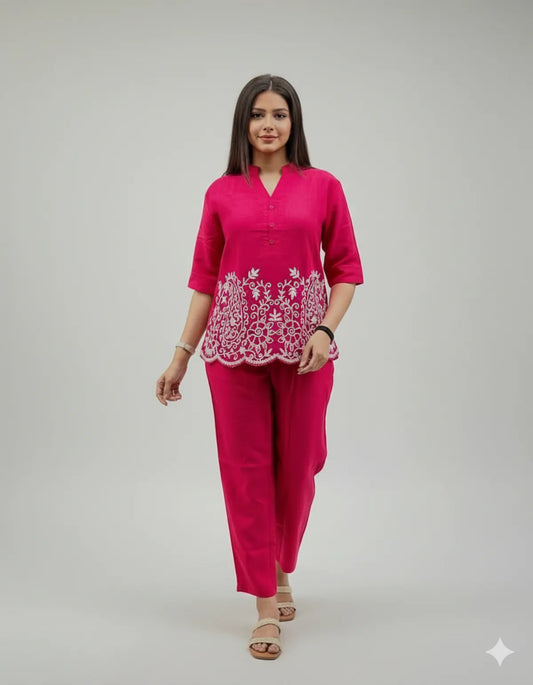 Rani Pink Cotton Kurta Pant Set For Women