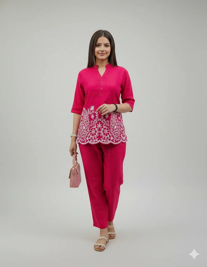 Rani Pink Cotton Kurta Pant Set For Women