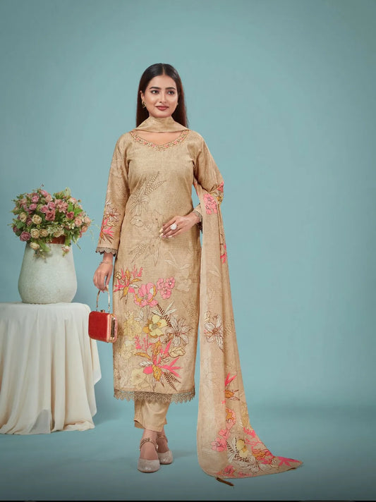 Cream Cotton Silk Partywear Suit Set For Women