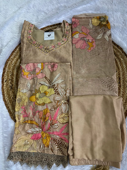 Cream Cotton Silk Partywear Suit Set For Women