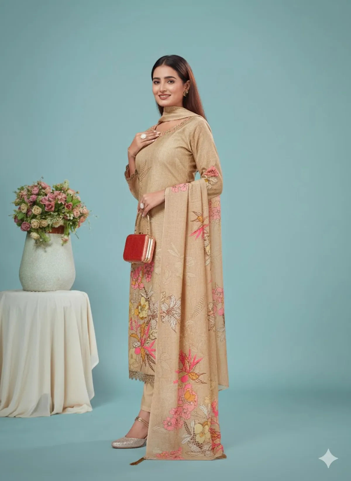 Cream Cotton Silk Partywear Suit Set For Women