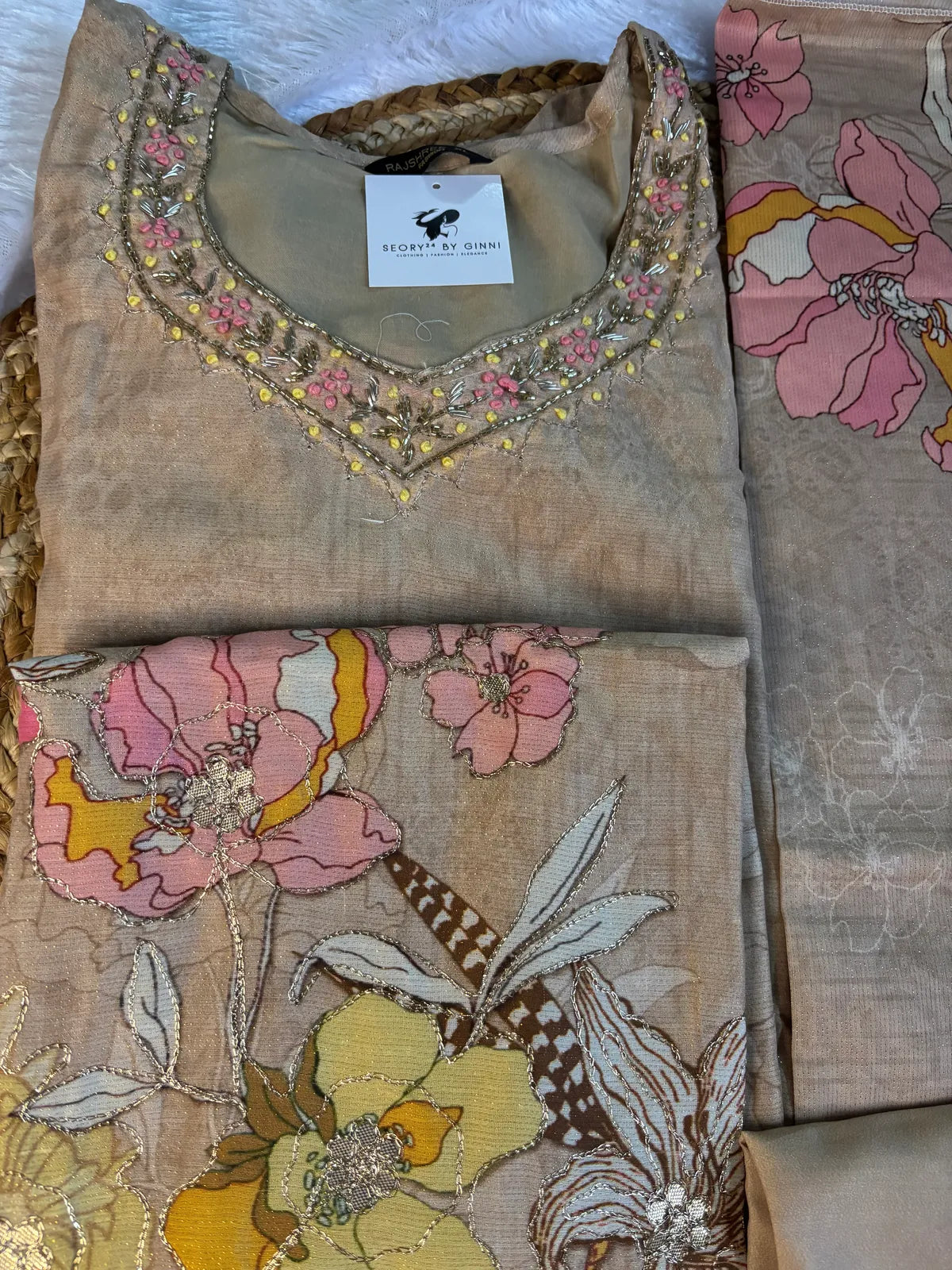 Cream Cotton Silk Partywear Suit Set For Women
