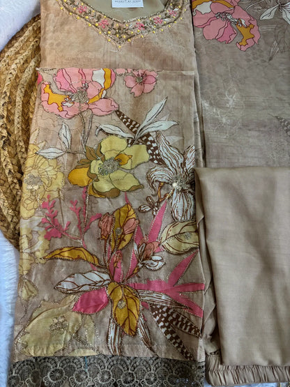 Cream Cotton Silk Partywear Suit Set For Women