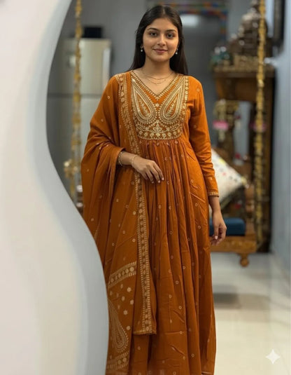 Rust Amber Noor Cotton Anarkali Set With Dupatta For Women
