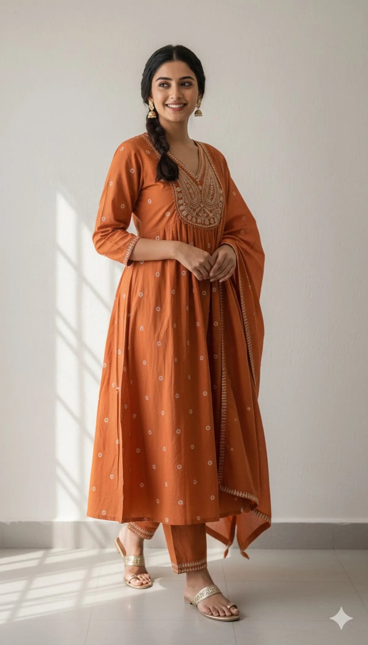 Rust Amber Noor Cotton Anarkali Set With Dupatta For Women