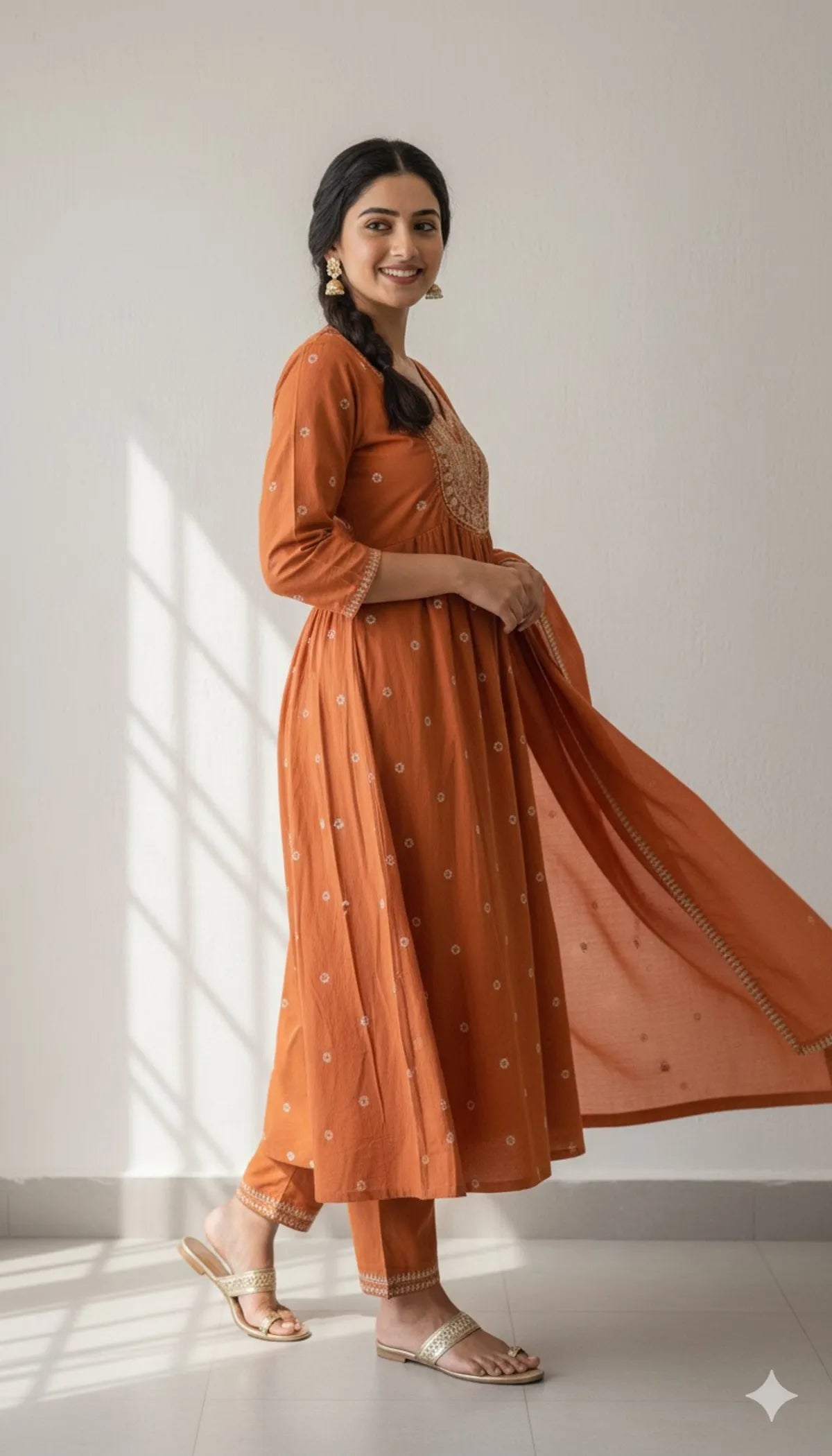 Rust Amber Noor Cotton Anarkali Set With Dupatta For Women