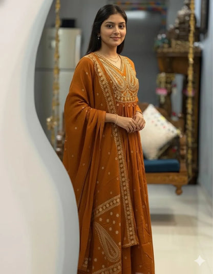 Rust Amber Noor Cotton Anarkali Set With Dupatta For Women