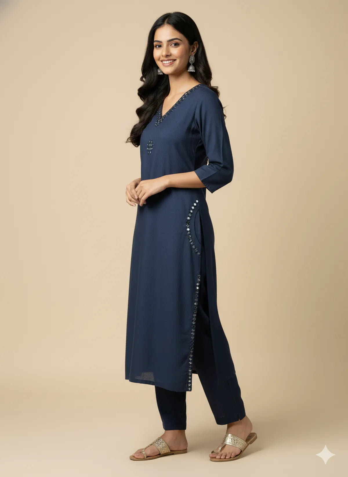 Navy Blue Cotton Partywear 2pc Suit Set For Women
