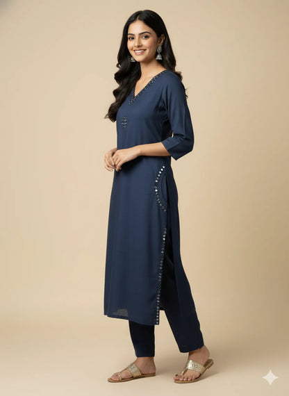 Navy Blue Cotton Partywear 2pc Suit Set For Women