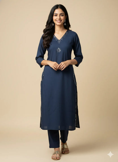 Navy Blue Cotton Partywear 2pc Suit Set For Women