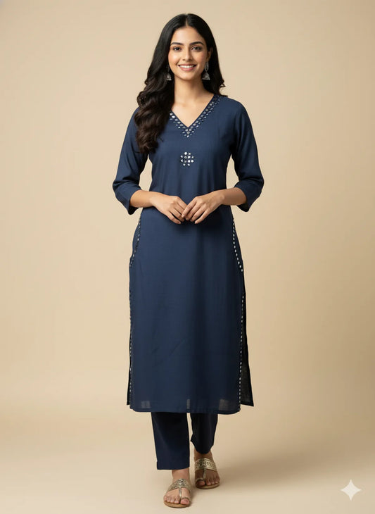 Navy Blue Cotton Partywear 2pc Suit Set For Women