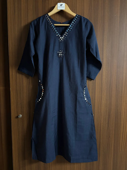 Navy Blue Cotton Partywear 2pc Suit Set For Women