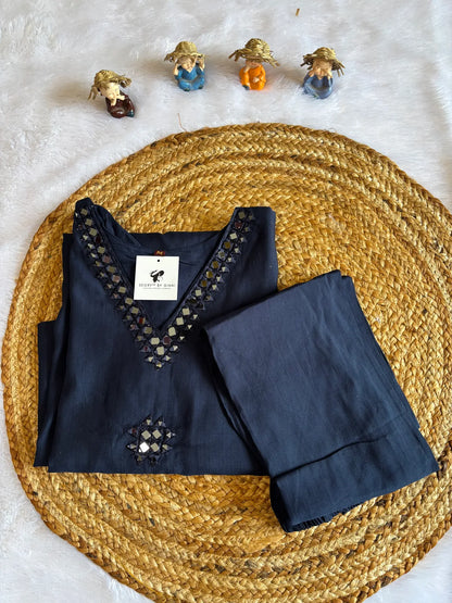 Navy Blue Cotton Partywear 2pc Suit Set For Women